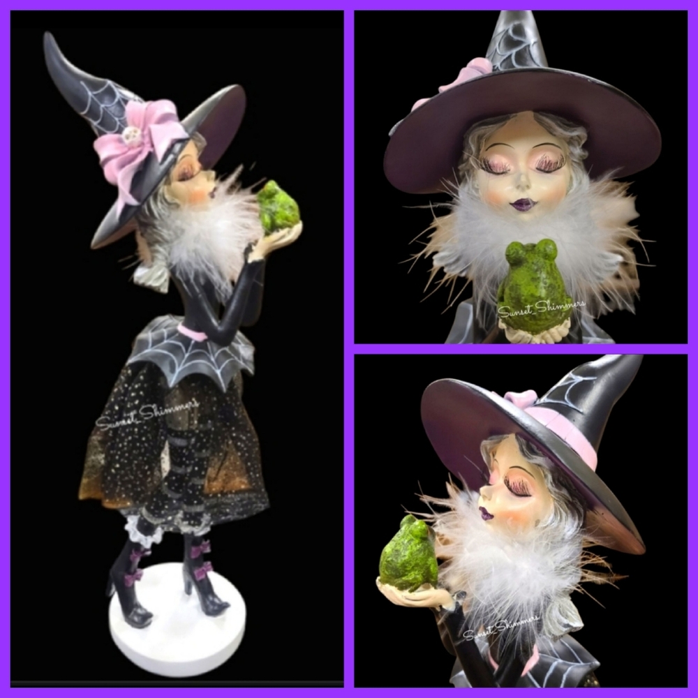 Halloween Gothic Glam Witch Frog Witch Hat Pink Coquette Bow Skull Figure Decor